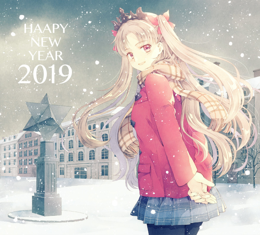 arms_behind_back bangs bare_tree blonde_hair blue_skirt bow brown_scarf building coat cowboy_shot dated day ereshkigal_(fate/grand_order) fate/grand_order fate_(series) grey_sky hair_bow happy_new_year long_hair long_sleeves looking_at_viewer new_year outdoors pantyhose parted_bangs plaid plaid_scarf plaid_skirt red_bow red_coat red_eyes scarf skirt smile snow snowing standing statue tiara tree two_side_up very_long_hair yue_natsuki