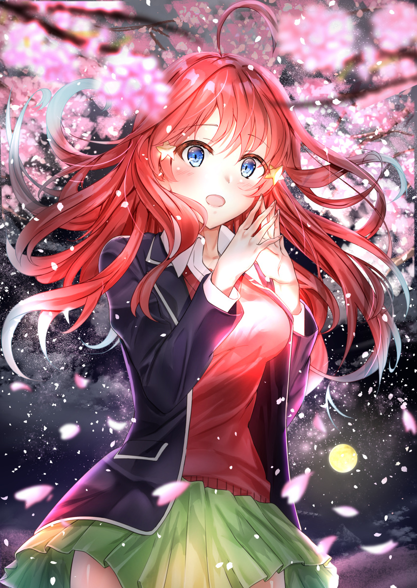 1girl absurdres ahoge bangs blue_eyes blue_jacket blurry blush breasts cherry_blossoms collared_shirt cowboy_shot depth_of_field eyebrows_visible_through_hair fingers_together floating_hair go-toubun_no_hanayome hair_between_eyes hair_ornament highres huge_filesize jacket large_breasts long_hair looking_at_viewer nakano_itsuki open_clothes open_jacket open_mouth petals pleated_skirt red_sweater redhead shirt skirt smile solo star star_hair_ornament sweater toratora_(nanahaba) white_shirt wind