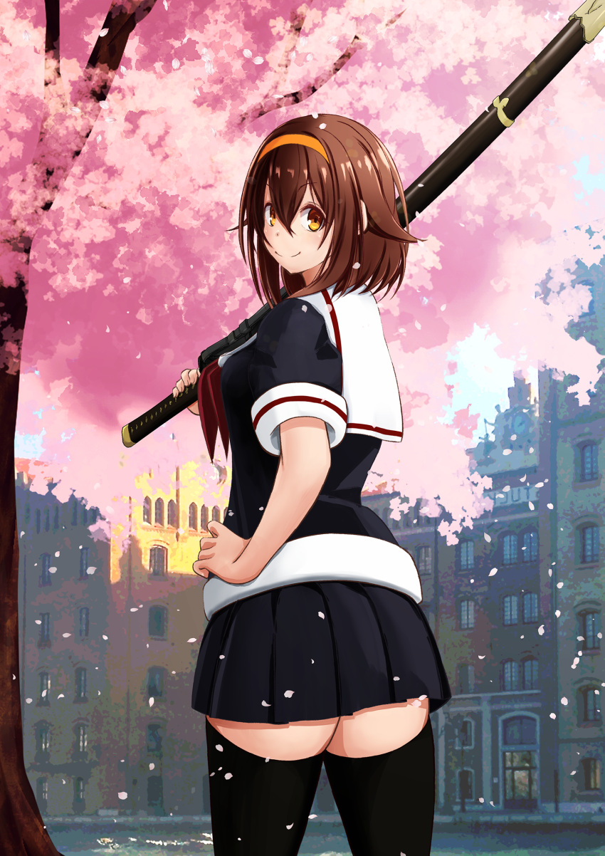 1girl black_legwear black_serafuku black_shirt black_skirt brown_hair building cherry_blossoms cowboy_shot flower from_behind hairband highres holding holding_sword holding_weapon kantai_collection katana looking_back neckerchief orange_eyes orange_hairband outdoors over_shoulder petals pink_flower pleated_skirt porco1127 red_hairband red_neckwear sailor_collar scabbard school_uniform serafuku sheath sheathed shiratsuyu_(kantai_collection) shirt short_hair skirt smile standing sword thigh-highs tree weapon weapon_over_shoulder