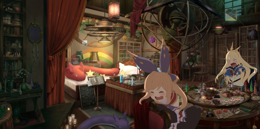 2girls bed birdcage blonde_hair blue_eyes bookshelf brown_hair cage cagliostro_(granblue_fantasy) cape clarisse_(granblue_fantasy) closed_eyes cup fang_out flower_pot gloves granblue_fantasy hair_ribbon indoors light light_brown_hair multiple_girls o_(rakkasei) ouroboros_(granblue_fantasy) plant ponytail ribbon scenery table teacup teapot tearing_up test_tube tiara turtleneck wavy_mouth