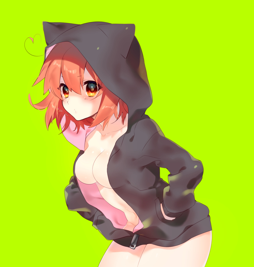 1girl ahoge ai_(blacktea_milk) black_jacket breasts cleavage collarbone cowboy_shot fate/grand_order fate_(series) fujimaru_ritsuka_(female) green_background groin hair_between_eyes hand_in_pocket heart_ahoge highres jacket leaning_forward long_sleeves medium_breasts naked_coat navel orange_eyes orange_hair partially_unzipped shiny shiny_skin short_hair simple_background solo standing