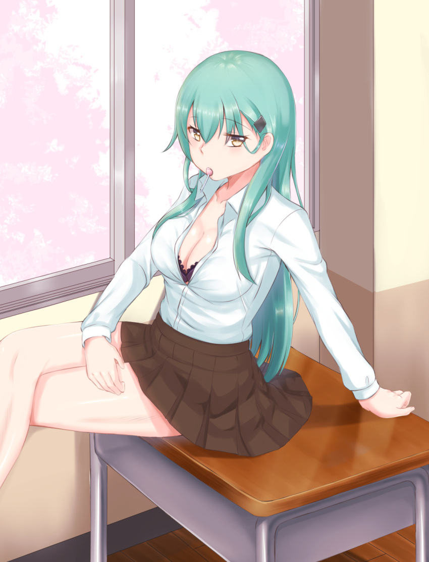1girl aqua_hair bare_legs barefoot black_bra bra breasts brown_skirt cleavage collarbone commentary_request eyebrows_visible_through_hair green_eyes hair_ornament hairclip highres indoors kaname_(melaninusa09) kantai_collection large_breasts long_hair long_sleeves looking_at_viewer miniskirt on_table pleated_skirt school_uniform shirt sitting skirt solo suzuya_(kantai_collection) table underwear window
