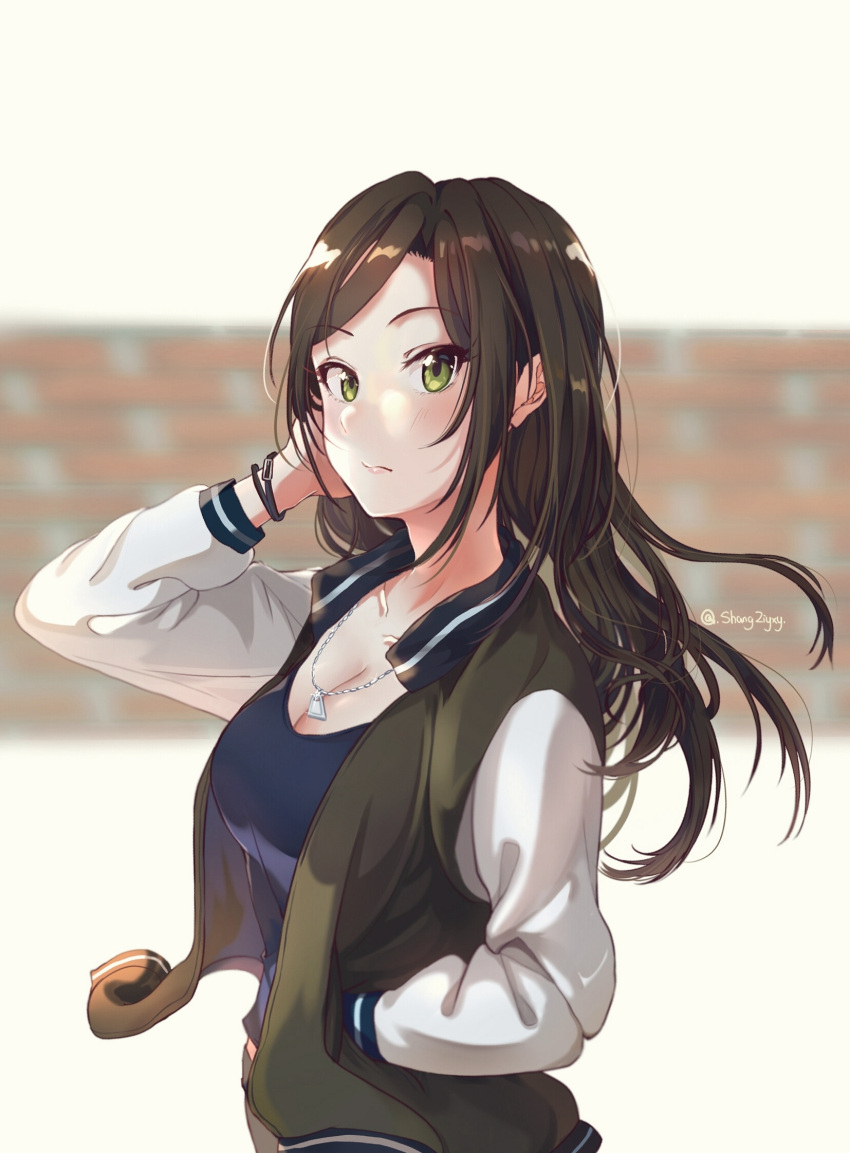 1girl adjusting_hair blue_shirt bracelet breasts brown_hair casual cleavage closed_mouth eyebrows_visible_through_hair from_side green_eyes hand_in_pocket highres idolmaster idolmaster_cinderella_girls jacket jewelry large_breasts long_hair looking_at_viewer mukai_takumi open_clothes open_jacket shangziyxy shirt