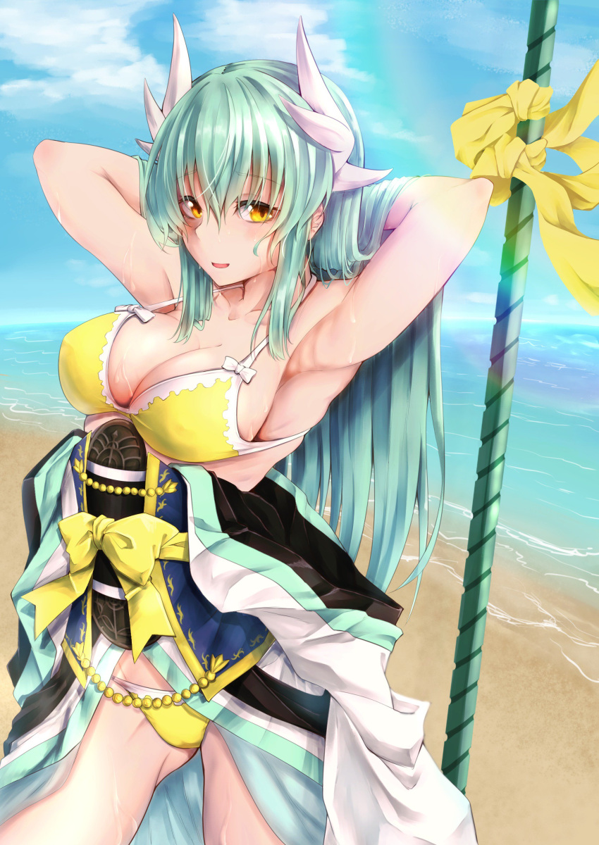 1girl :d absurdres aqua_hair armpits arms_behind_head bangs bare_shoulders beach bikini blue_sky blush bow breasts cleavage clouds commentary_request cowboy_shot day eyebrows_visible_through_hair fate/grand_order fate_(series) groin hair_between_eyes hair_bow highres horns japanese_clothes kimono kimono_pull kiyohime_(fate/grand_order) kiyohime_(swimsuit_lancer)_(fate) kuromu large_breasts long_hair looking_at_viewer medium_breasts navel ocean open_mouth outdoors sand sidelocks sky smile solo swimsuit thighs very_long_hair wet yellow_bikini yellow_eyes