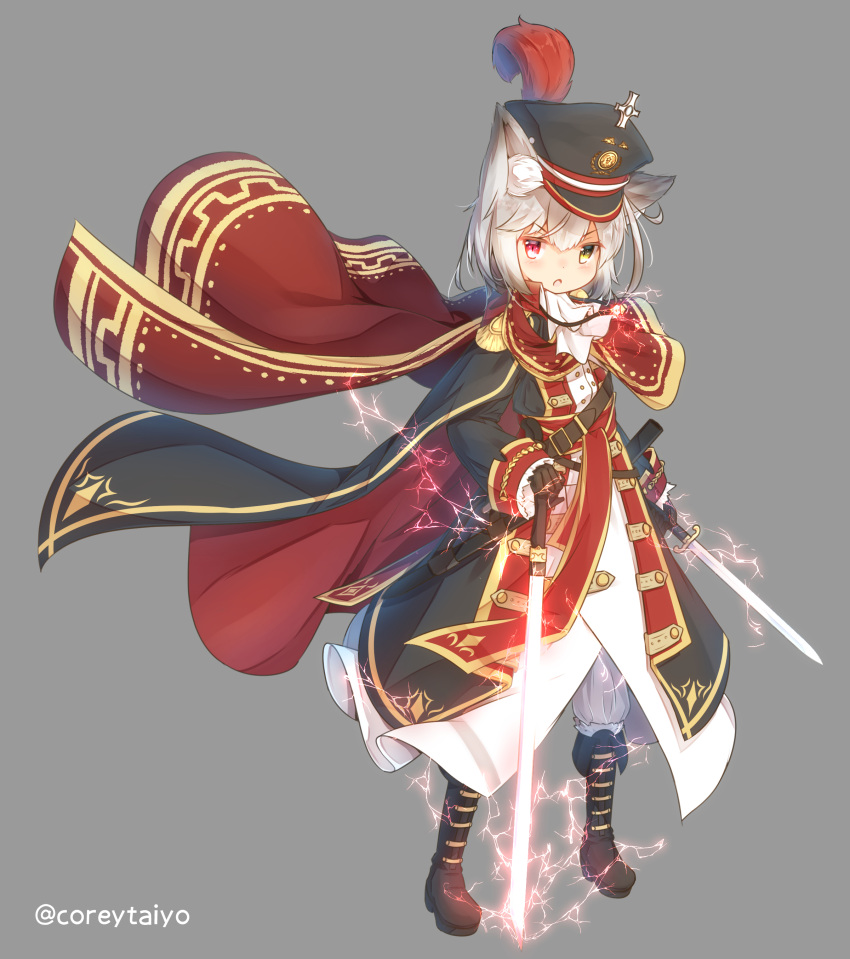 1girl :o absurdres animal_ear_fluff animal_ears bangs black_cape black_coat black_footwear black_gloves black_headwear blush boots cape coreytaiyo epaulettes eyebrows_visible_through_hair full_body gloves grey_background grey_hair grey_pants hair_between_eyes hand_on_hilt hat heterochromia highres holding holding_sword holding_weapon knee_boots long_sleeves looking_at_viewer military military_hat military_uniform multicolored multicolored_cape multicolored_clothes original pants parted_lips peaked_cap red_cape red_eyes sheath simple_background sleeves_past_wrists solo sword twitter_username uniform unsheathed v-shaped_eyebrows weapon yellow_eyes