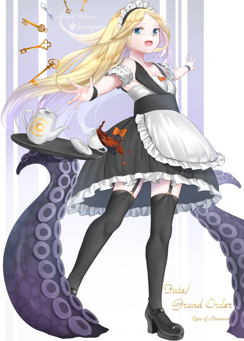 1girl :d abigail_williams_(fate/grand_order) absurdres alternate_costume apron bangs bare_shoulders black_footwear black_legwear black_skirt blonde_hair blush bow breasts cleavage collarbone commentary_request copyright_name cup detached_sleeves enmaided eyebrows_visible_through_hair fate/grand_order fate_(series) forehead frilled_apron frilled_skirt frills full_body garter_straps highres key long_hair looking_at_viewer maid maid_headdress open_mouth orange_bow outstretched_arms parted_bangs shoes short_sleeves skirt small_breasts smile solo spilling spread_fingers standing suction_cups takenoko_27074918 tea teacup teapot tentacle thigh-highs tray two-tone_background very_long_hair waist_apron white_apron wrist_cuffs zettai_ryouiki