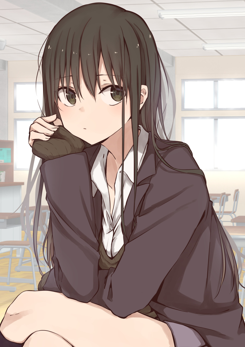1girl absurdres bangs black_eyes black_hair black_sweater blue_skirt classroom closed_mouth elbow_on_knee eyebrows_visible_through_hair highres indoors looking_at_viewer original rucchiifu school_uniform sitting skirt solo sweater unbuttoned unbuttoned_shirt