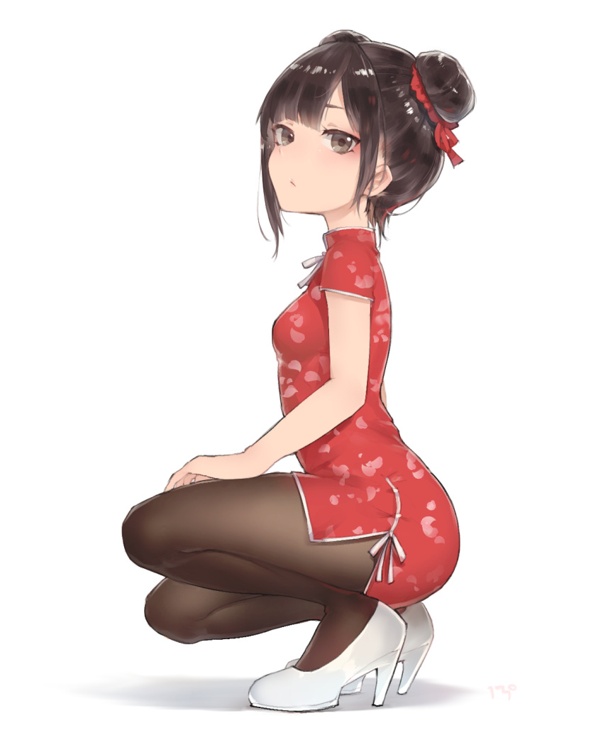 13o 1girl artist_name bangs bare_arms black_hair breasts brown_eyes brown_legwear china_dress chinese_clothes closed_mouth double_bun dress expressionless from_side full_body hair_ribbon high_heels highres looking_at_viewer looking_to_the_side original pantyhose petal_print red_dress red_ribbon ribbon shadow short_hair short_sleeves sidelocks simple_background small_breasts solo squatting white_background white_footwear white_ribbon