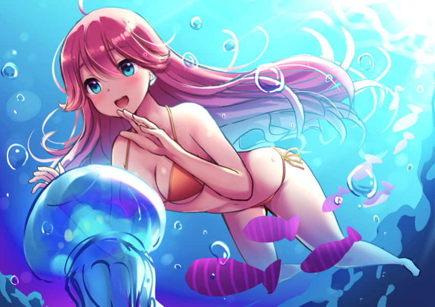 1girl backlighting bikini blue_eyes breasts bubble fish jellyfish long_hair medium_breasts navel ocean original pink_hair sei000 smile solo swimsuit underwater very_long_hair