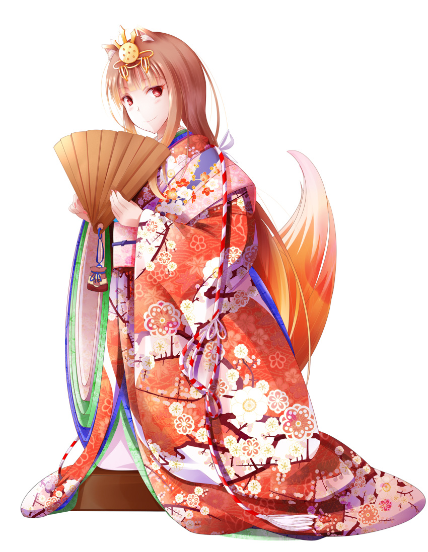 1girl alternate_costume animal_ears bangs brown_hair fan floral_print fudo_shin furisode hair_ornament highres holding holding_fan holo japanese_clothes kimono kneeling long_hair looking_at_viewer nail_polish obi print_kimono red_eyes red_nails sash shiny shiny_hair simple_background solo spice_and_wolf tail white_background wolf_ears wolf_tail