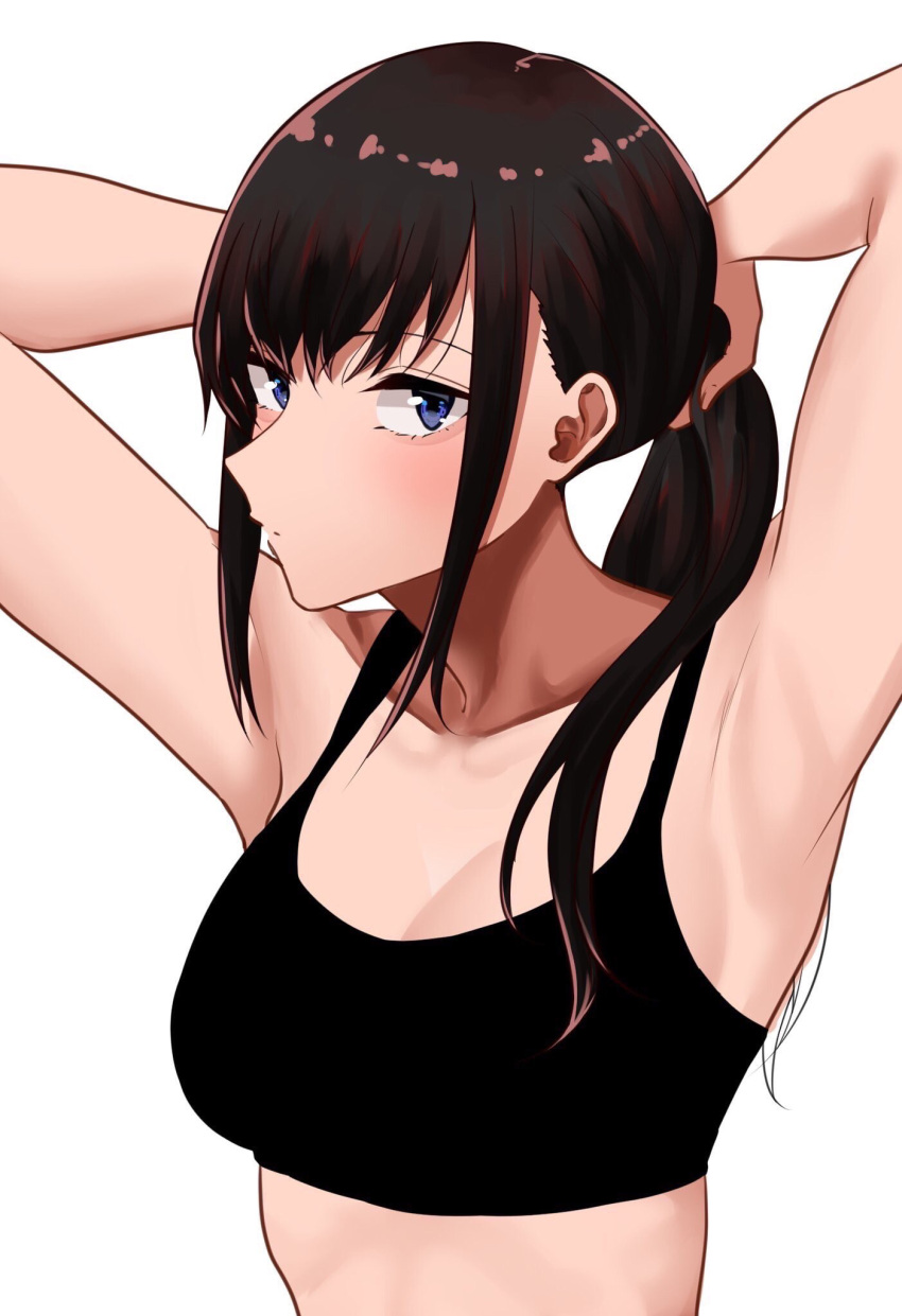 1girl adjusting_hair amane_a_(007_uiro) armpits bangs bare_shoulders blue_eyes blush breasts brown_hair cleavage highres long_hair looking_at_viewer midriff original ponytail simple_background solo sports_bra white_background