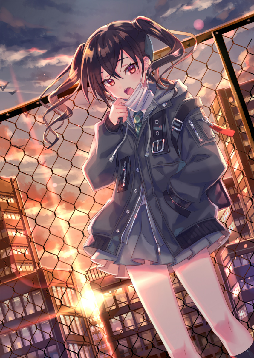 1girl bangs belt birdcage blush brown_hair building cage chain-link_fence clouds collared_shirt eyebrows_visible_through_hair fence grey_skirt hair_between_eyes hand_in_pocket highres idolmaster idolmaster_cinderella_girls jacket long_hair long_sleeves looking_at_viewer mask_pull mole mole_under_eye necktie open_mouth pleated_skirt red_eyes school_uniform sharp_teeth shirt skirt sky solo standing striped striped_neckwear sunazuka_akira sunset surgical_mask teeth twintails uniform white_shirt zipper zipper_pull_tab zoff_(daria)