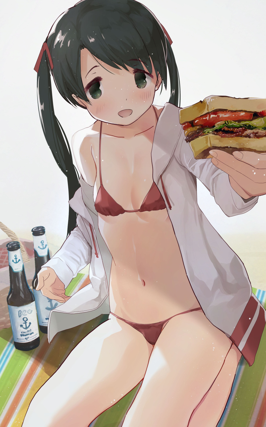 1girl absurdres alcohol anshinmama beer bikini black_hair breasts brown_bikini feeding food grey_eyes hair_ribbon highres jacket kantai_collection long_hair looking_at_viewer mikuma_(kantai_collection) navel open_mouth red_ribbon remodel_(kantai_collection) ribbon sandwich school_uniform sitting small_breasts solo swimsuit twintails wariza white_jacket