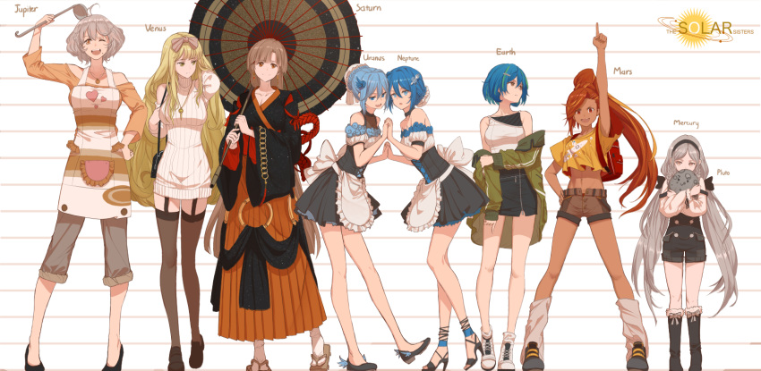 6+girls apron backpack bag bare_shoulders blonde_hair blue_hair bow crop_top dark_skin dishwasher1910 hair_bow hairband height_chart highres jacket japanese_clothes ladle maid multiple_girls original parasol personification planet ponytail solar_system sun tagme umbrella