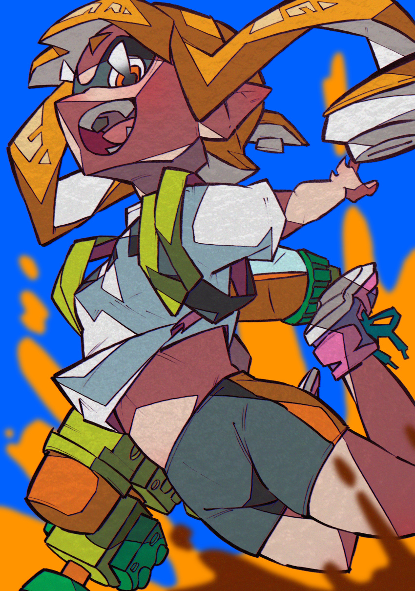 1girl :d absurdres bike_shorts blue_background breasts domino_mask fangs highres ink_tank_(splatoon) inkling long_hair mask midair open_mouth orange_eyes orange_hair paint pink_footwear pointy_ears shirt shoelaces shoes short_sleeves small_breasts smile sneakers solo splatoon splatoon_(series) splatoon_1 splattershot_(splatoon) suction_cups t-shirt teeth tentacle_hair white_shirt yaya_hiyayaka