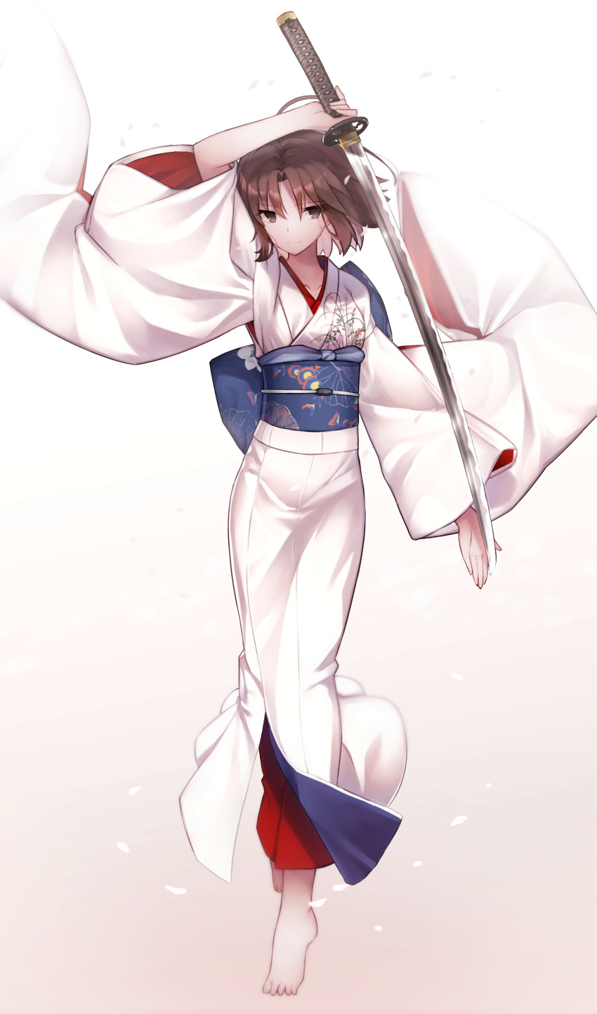 1girl absurdres bangs breasts brown_eyes brown_hair closed_mouth collarbone eyebrows_visible_through_hair full_body highres holding holding_weapon japanese_clothes kara_no_kyoukai katana kimono long_sleeves looking_at_viewer medium_breasts okakasushi patterned_clothing ryougi_shiki sash short_hair simple_background solo standing sword weapon white_background white_kimono