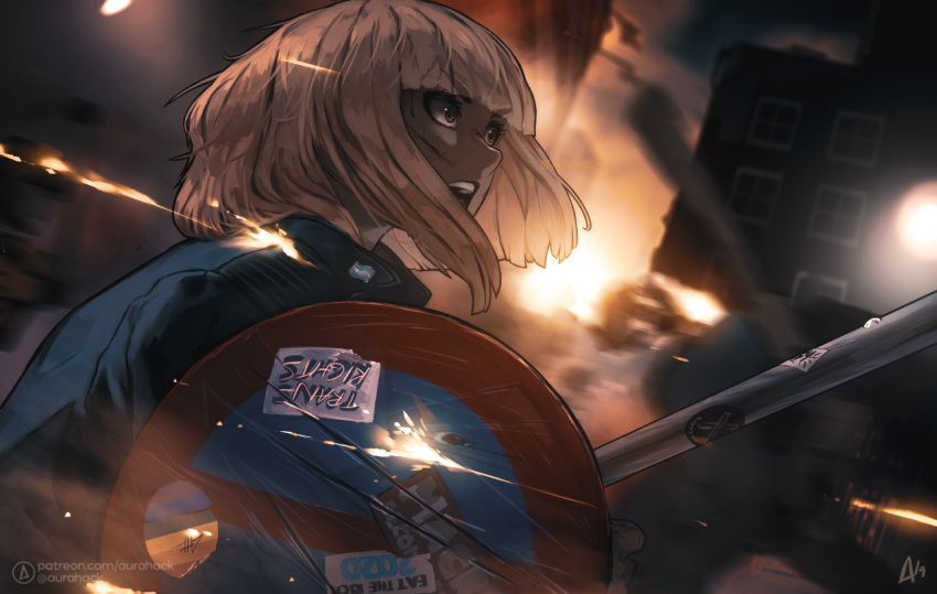 1other androgynous argentina argentinian_flag aurahack bangs blonde_hair blood blood_on_face blunt_bangs cuts high_collar improvised_shield injury motion_blur night open_mouth original patreon_username red_eyes rioting road_sign short_hair sign smoke solo twitter_username