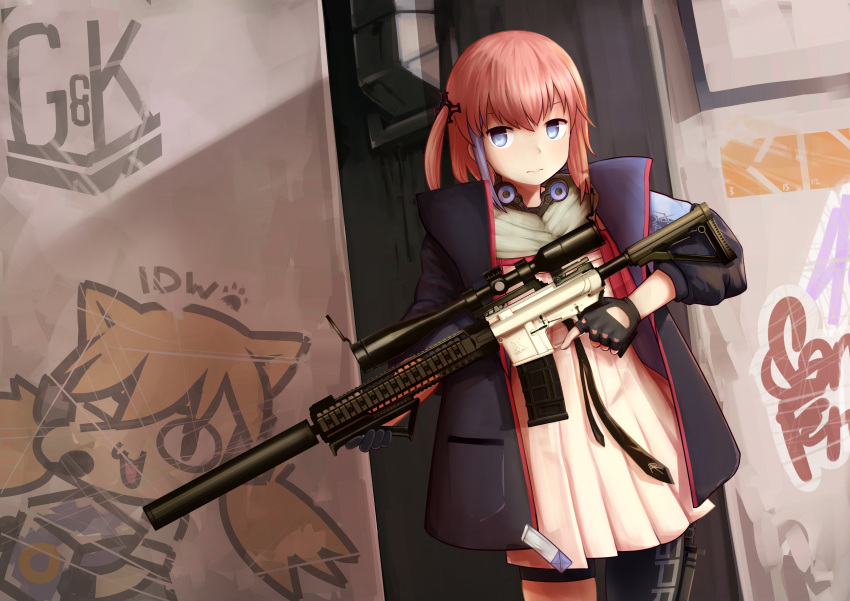 1girl absurdres ar-15 black_gloves blue_eyes blue_hair brown_hair closed_mouth fingerless_gloves girls_frontline gloves graffiti gun highres holding holding_gun holding_weapon idw_(girls_frontline) jacy lee-enfield_(girls_frontline) looking_at_viewer rifle short_hair short_twintails sniper_rifle solo st_ar-15_(girls_frontline) twintails wanted weapon