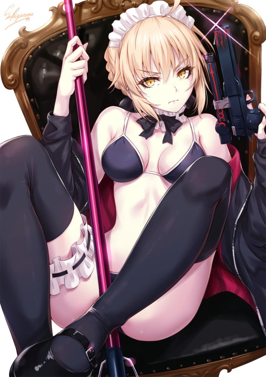 1girl ahoge apron artoria_pendragon_(all) artoria_pendragon_(swimsuit_rider_alter) bangs bikini black_bikini black_footwear black_jacket black_legwear blonde_hair braid breasts broom chair detached_collar expressionless eyebrows_visible_through_hair fate/grand_order fate/stay_night fate_(series) frills gun handgun highres holding holding_broom holding_gun holding_weapon jacket leg_garter looking_at_viewer maid_bikini maid_headdress mary_janes medium_breasts navel open_clothes pistol ribbon saber_alter sakiyamama shoes short_hair simple_background sitting solo swimsuit thigh-highs tsurime v-shaped_eyebrows weapon white_background yellow_eyes