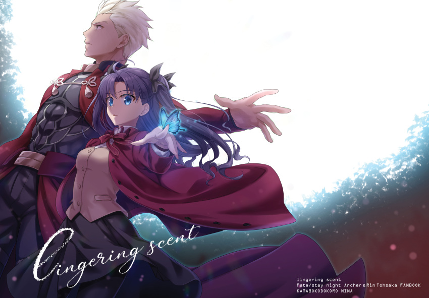 1boy 1girl absurdres archer black_hair black_skirt blue_eyes bug butterfly coat eyebrows_visible_through_hair eyes fate/stay_night fate_(series) highres insect long_hair long_sleeves looking_at_viewer nina_(pastime) red_coat school_uniform short_hair skirt tohsaka_rin two_side_up white_hair