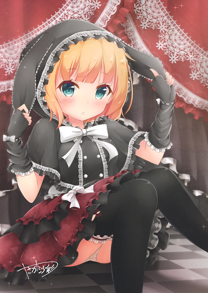 1girl absurdres animal_ears animal_hood aqua_eyes bangs black_cape black_gloves black_legwear blood bloody_hair blunt_bangs blush bunny_hood cape capelet checkered checkered_floor chitosezaka_suzu eyebrows_visible_through_hair fake_animal_ears fingerless_gloves frilled_capelet frilled_gloves frilled_skirt frills garters gloves gochuumon_wa_usagi_desu_ka? gothic_lolita highres hood hood_up hooded indoors kirima_sharo layered_skirt lolita_fashion looking_at_viewer miniskirt neck_ribbon panties pantyshot pantyshot_(sitting) parted_lips pleated_skirt rabbit_ears red_skirt ribbon short_hair sitting skirt solo thigh-highs underwear white_panties white_ribbon