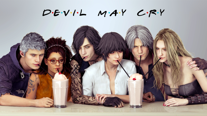 black_hair blonde_hair breasts cherry cleavage cyan-th dante_(devil_may_cry) devil_may_cry devil_may_cry_5 drinking drinking_straw f.r.i.e.n.d.s food fruit glasses highres lady_(devil_may_cry) milkshake nero_(devil_may_cry) nico_(devil_may_cry) parody sipping tagme tattoo trish_(devil_may_cry) v_(devil_may_cry) white_hair