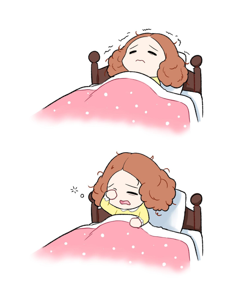 1girl 3: bed blanket brown_hair commentary_request highres korean_commentary messy_hair okumura_haru on_bed open_mouth pajamas persona persona_5 pillow roviahc rubbing_eyes sequential_set sleeping sleepy solo trembling under_covers waking_up