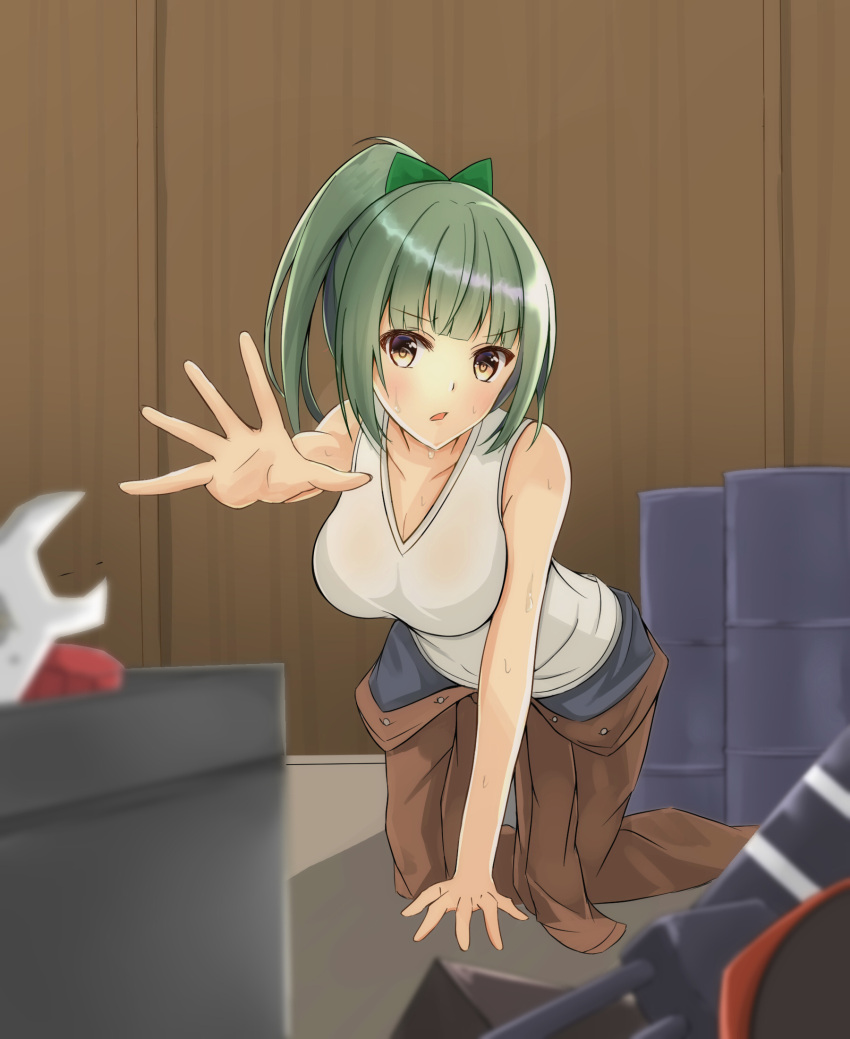 1girl all_fours blurry bow box brown_eyes commentary_request depth_of_field drum_(container) green_hair hair_bow highres indoors jumpsuit kantai_collection long_hair ponytail shirt sleeveless sleeveless_shirt solo toyomi_13 undershirt white_shirt wrench yuubari_(kantai_collection)