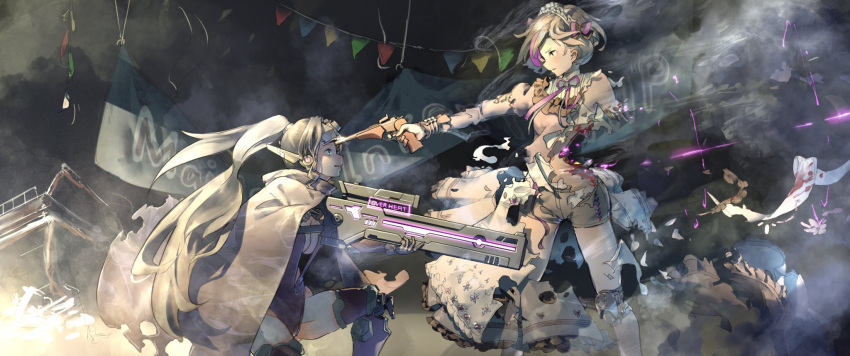 2girls aamond aiming alternate_costume commentary_request damaged english_text girls_frontline goggles goggles_on_head gun handgun highres jaeger_(girls_frontline) maid maid_headdress multiple_girls ponytail rifle sangvis_ferri shorts sniper_rifle surprised thompson/center_contender thompson/center_contender_(girls_frontline) torn_clothes weapon