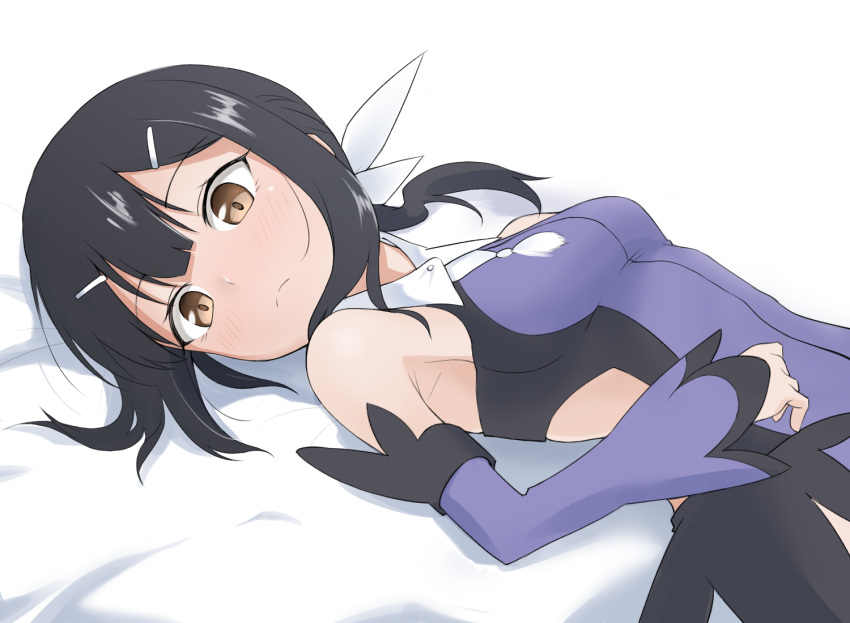 1girl black_hair blush breasts brown_eyes commentary_request detached_sleeves eyebrows_visible_through_hair fate/kaleid_liner_prisma_illya fate_(series) from_side frown hair_between_eyes hair_ornament hairclip long_hair looking_at_viewer lying miyu_edelfelt on_back simple_background small_breasts solo tatsu_(tanishi_24) upper_body white_background