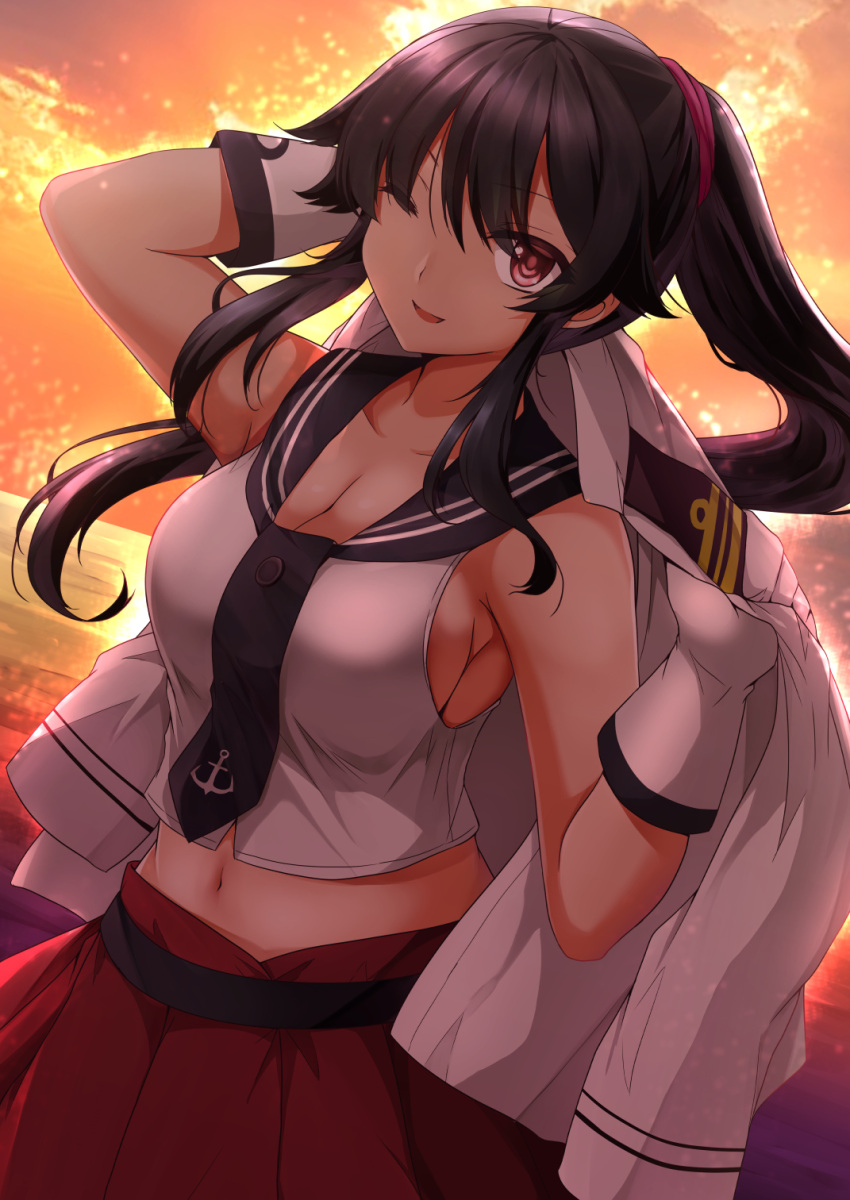 1girl belt black_hair blush breasts cleavage gloves highres holding holding_jacket jacket kantai_collection large_breasts long_hair looking_at_viewer midriff navel necktie one_eye_closed open_mouth outdoors pleated_skirt ponytail red_eyes red_skirt school_uniform scrunchie serafuku sheita shirt sidelocks skirt sleeveless sleeveless_shirt smile solo sunset thigh-highs very_long_hair white_gloves yahagi_(kantai_collection)