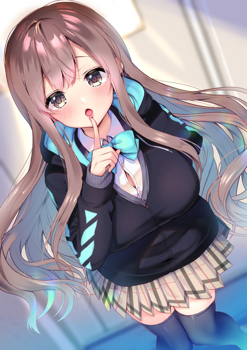 1girl :o absurdres ayuma_sayu black_jacket black_legwear blue_neckwear blurry blush bow bowtie breasts brown_eyes brown_hair button_gap buttons collared_shirt depth_of_field dutch_angle finger_to_mouth from_above grey_cardigan hand_up highres hood hood_down hooded_jacket index_finger_raised indoors jacket large_breasts long_hair long_sleeves looking_at_viewer miniskirt open_mouth original plaid plaid_skirt pleated_skirt school_uniform shirt shushing sidelocks skirt solo standing thigh-highs very_long_hair white_shirt white_skirt zettai_ryouiki zipper_pull_tab