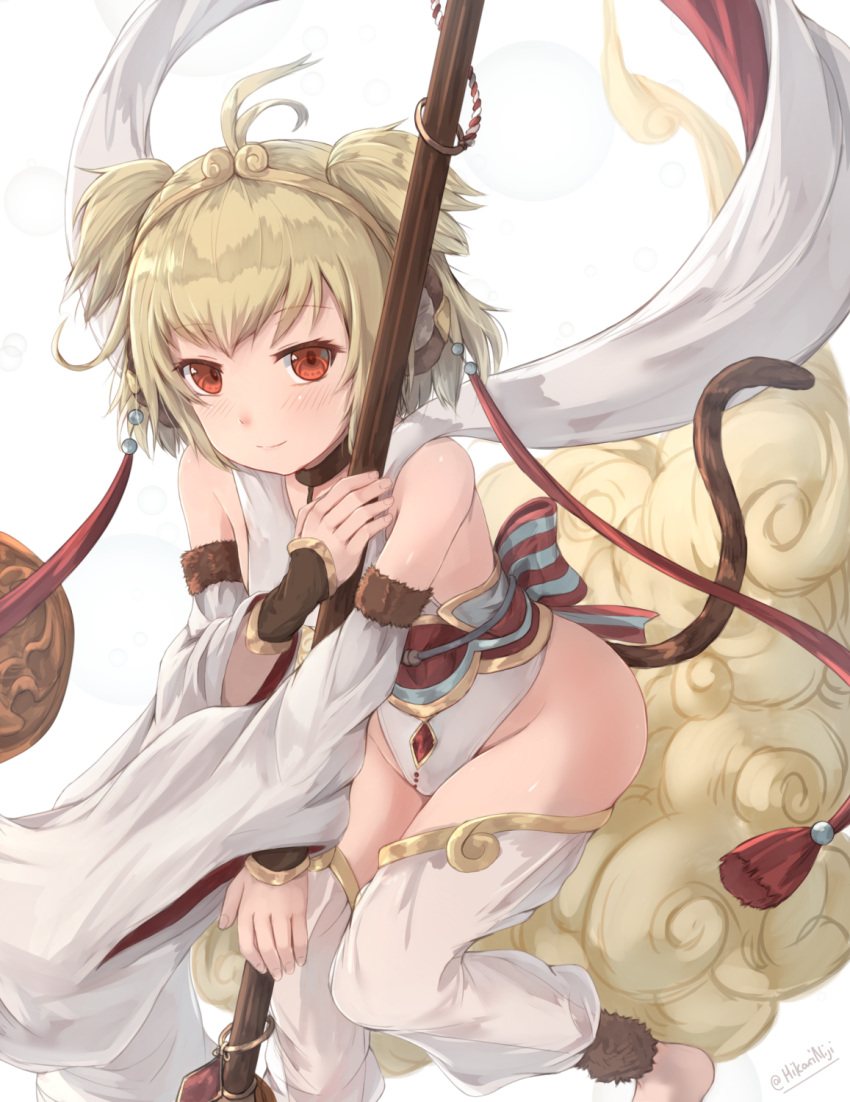 1girl ahoge andira_(granblue_fantasy) animal_ears bangs bare_shoulders blonde_hair blush breasts circlet closed_mouth commentary detached_leggings detached_sleeves earrings erune eyebrows_visible_through_hair fingernails flying_nimbus fur-trimmed_sleeves fur_trim granblue_fantasy hagoromo highres hikari_niji holding holding_staff jewelry leotard long_sleeves monkey_ears monkey_girl monkey_tail red_eyes shawl simple_background small_breasts smile solo staff tail twintails two_side_up white_background white_legwear white_leotard white_sleeves wide_sleeves