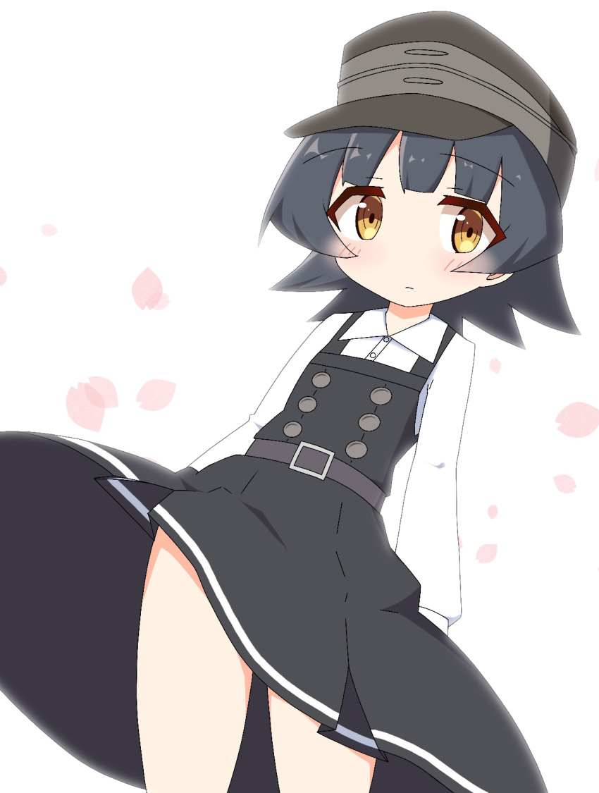 1girl arare_(kantai_collection) bangs black_dress black_hair blush brown_eyes brown_headwear cherry_blossoms closed_mouth collared_shirt commentary_request dress dress_shirt eyebrows_visible_through_hair hat highres ichi kantai_collection looking_at_viewer petals pinafore_dress remodel_(kantai_collection) shirt simple_background sleeveless sleeveless_dress solo thighs white_background white_shirt
