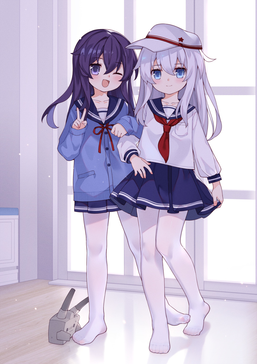 2girls ;d absurdres akatsuki_(kantai_collection) blue_eyes closed_mouth commentary_request full_body hibiki_(kantai_collection) highres indoors kantai_collection locked_arms long_hair long_sleeves looking_at_viewer multiple_girls no_shoes one_eye_closed open_mouth pantyhose school_uniform see-through serafuku silver_hair sleeves_past_wrists smile tsubasa_tsubasa v violet_eyes white_legwear