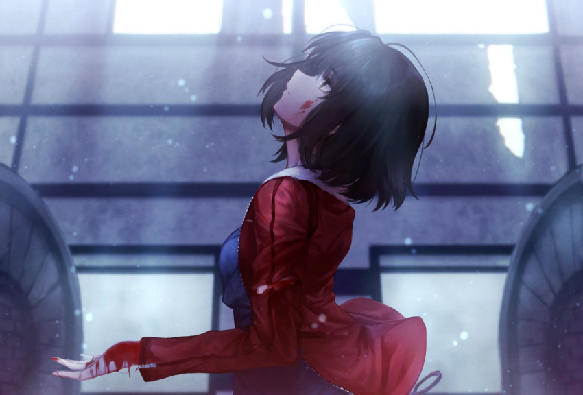 1girl bangs black_eyes black_hair blood blood_on_face breasts closed_mouth from_side indoors jacket japanese_clothes kara_no_kyoukai kimono long_sleeves looking_up medium_breasts okakasushi red_jacket ryougi_shiki short_hair solo upper_body