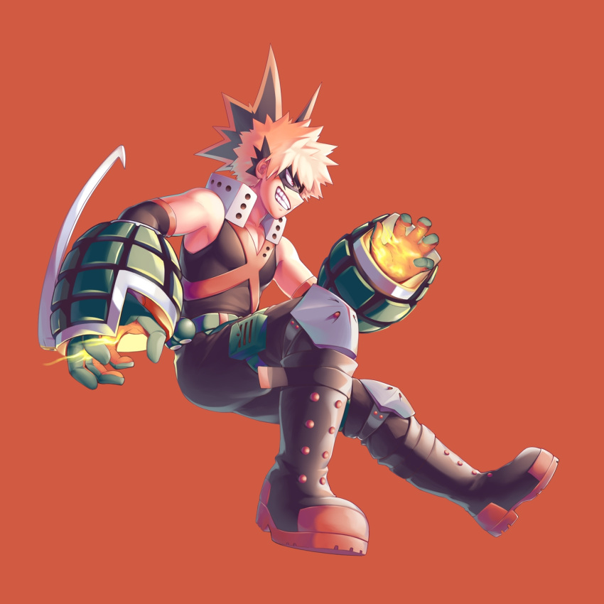 1boy bakugou_katsuki bare_shoulders black_footwear black_legwear black_mask_(clothing) black_shirt blonde_hair boku_no_hero_academia boots commentary_request explosive face_mask fang fire from_side full_body gloves green_gloves grenade hair_ornament highres male_focus mask pants red_background red_eyes red_footwear salmon_(657931354) shirt short_hair simple_background smile spiky_hair