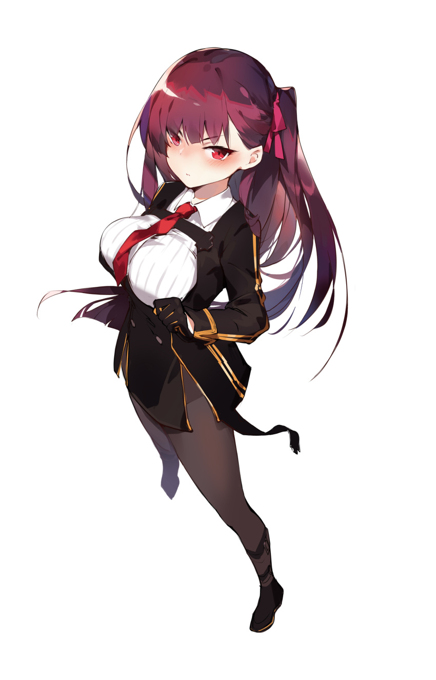 1girl absurdres bangs blush closed_mouth collared_shirt commentary eyebrows_visible_through_hair framed_breasts girls_frontline gloves hair_ribbon high-waist_skirt highres long_hair long_sleeves looking_at_viewer necktie one_side_up pantyhose purple_hair red_eyes red_neckwear red_ribbon ribbon shirt simple_background skirt solo standing tsurime wa2000_(girls_frontline) white_background xxi