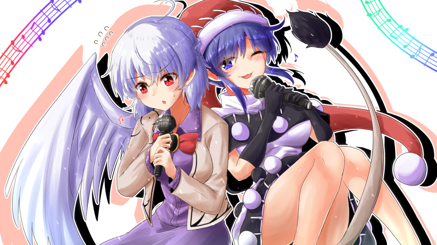 2girls :o ;3 ;d absurdres animal_ears ass bangs bare_legs beamed_eighth_notes black_capelet black_dress black_gloves blue_eyes blue_hair blush bow bowtie breasts brooch capelet commentary_request convenient_leg cowboy_shot doremy_sweet dress eighth_note eyebrows_visible_through_hair feathered_wings flying_sweatdrops gloves grey_jacket hair_between_eyes hat highres holding holding_microphone jacket jewelry kishin_sagume long_sleeves medium_breasts microphone multicolored multicolored_clothes multicolored_dress multiple_girls musical_note nightcap one_eye_closed open_clothes open_jacket open_mouth oshiaki outline parted_lips pom_pom_(clothes) purple_vest red_bow red_eyes red_headwear red_neckwear sidelocks silhouette silver_hair simple_background single_wing smile staff_(music) tapir_ears thighs touhou vest white_background white_dress white_outline white_wings wings