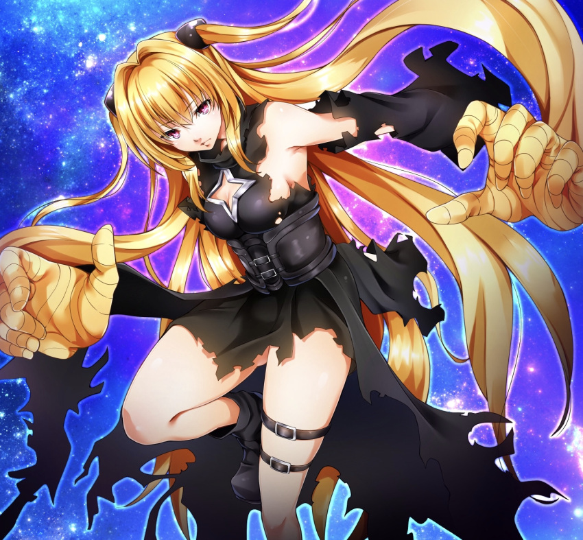 1girl bangs black_dress black_footwear black_sleeves blonde_hair boots breasts cleavage cleavage_cutout corset detached_sleeves dress eyebrows_visible_through_hair floating_hair gothic_lolita hair_between_eyes highres imo_(evekelu-111) konjiki_no_yami leg_up lolita_fashion long_hair long_sleeves medium_breasts red_eyes shiny shiny_hair sideboob solo standing standing_on_one_leg star_cutout thigh_strap to_love-ru torn_clothes torn_sleeves twintails very_long_hair