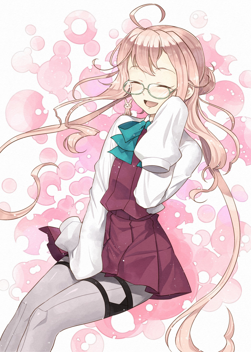 1girl 1other absurdres ahoge bow bowtie bunny_on_shoulder closed_eyes double_bun glasses grey_legwear hair_bun halterneck highres invisible_chair kanmiya_shinobu kantai_collection long_sleeves makigumo_(kantai_collection) open_mouth pantyhose pink_hair school_uniform shirt sitting sleeves_past_fingers sleeves_past_wrists smile twintails white_shirt