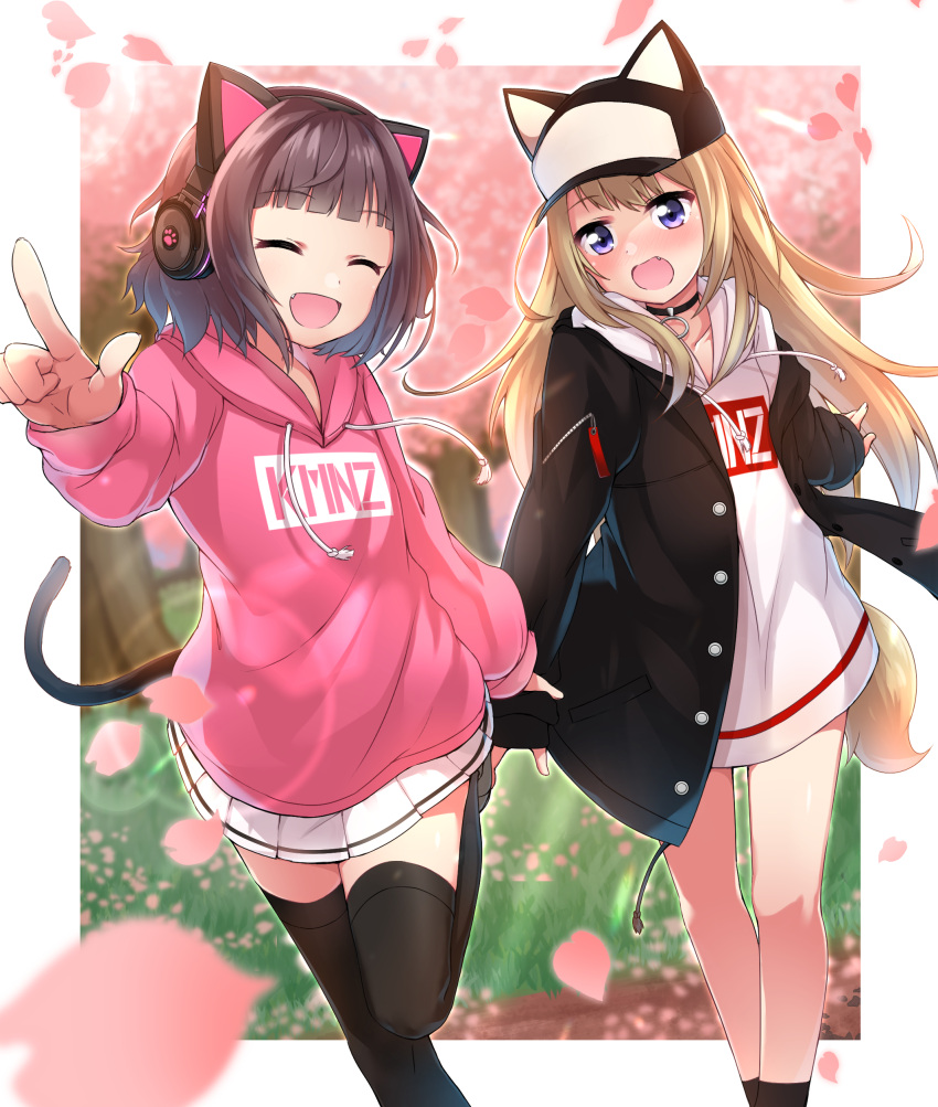 2girls :d ^_^ absurdres animal_ears animal_hat baseball_cap black_headwear black_jacket black_legwear blonde_hair blurry blurry_background blush brown_hair cat_ear_headphones cat_ears cat_girl cat_hat cat_tail character_name cherry_blossoms closed_eyes closed_eyes clothes_writing commentary_request depth_of_field drawstring fang flower hat headphones highres holding_hand hood hood_down hoodie jacket kmnz long_hair long_sleeves mc_lita mc_liz minowa_sukyaru multiple_girls nose_blush open_clothes open_jacket open_mouth petals pink_flower pink_hoodie pleated_skirt pointing skirt sleeves_past_wrists smile standing standing_on_one_leg tail thigh-highs tree very_long_hair violet_eyes virtual_youtuber white_hoodie white_skirt