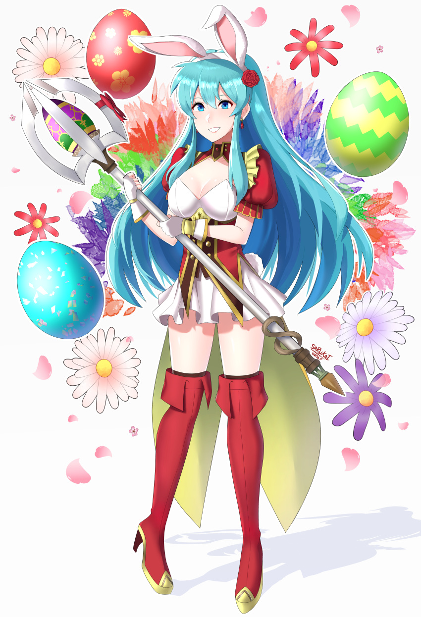 1girl absurdres animal_ears aqua_hair armor blue_hair blush breastplate breasts bunny_girl bunny_tail bunnysuit cape cute detached_collar easter_egg egg eirika fake_animal_ears fire_emblem fire_emblem:_seima_no_kouseki fire_emblem_heroes flower gloves highres huge_filesize intelligent_systems leotard long_hair looking_at_viewer nintendo rabbit_ears sarukaiwolf simple_background solo strapless strapless_leotard tail