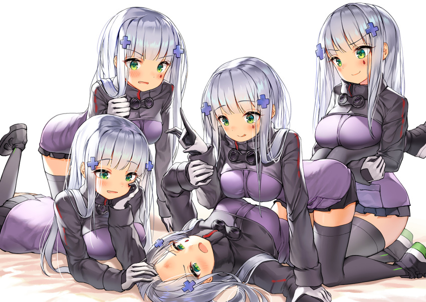 &gt;:) 5girls :d :q all_fours bangs bed_sheet black_footwear black_legwear black_skirt blunt_bangs blush boots breasts closed_mouth commentary_request eyebrows_visible_through_hair facial_mark forehead girls_frontline gloves green_eyes hair_ornament highres hk416_(girls_frontline) jacket kneeling lee_seok_ho leg_up long_hair long_sleeves lying medium_breasts multiple_girls multiple_persona on_back open_mouth pleated_skirt purple_jacket seiza silver_hair sitting skirt sleeves_past_wrists smile thigh-highs tongue tongue_out v-shaped_eyebrows very_long_hair white_background white_gloves