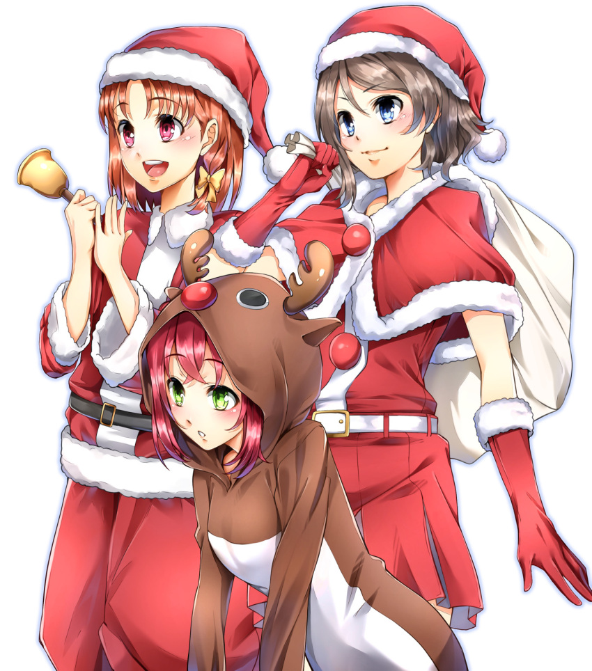 3girls :d animal_costume animal_ears antlers bag blue_eyes bow brown_hair brown_hoodie capelet cyaron_(love_live!) fake_animal_ears fake_horns fur-trimmed_capelet fur-trimmed_gloves fur-trimmed_hat fur-trimmed_sweater fur_trim gloves green_eyes hair_bow hat highres holding holding_bag holding_bell hood hood_up imo_(evekelu-111) kurosawa_ruby long_sleeves love_live! love_live!_sunshine!! miniskirt multiple_girls open_mouth pants parted_lips pleated_skirt red_capelet red_gloves red_headwear red_pants red_shorts red_skirt red_sweater redhead reindeer_antlers reindeer_costume reindeer_ears santa_costume santa_gloves santa_hat shiny shiny_hair short_hair shorts skirt smile standing sweater takami_chika watanabe_you yellow_bow