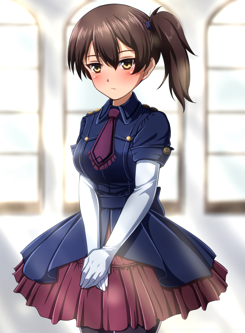 1girl backlighting black_legwear blue_dress blurry blurry_background blush brown_eyes brown_hair bubble_skirt closed_mouth collared_dress commentary_request cowboy_shot depth_of_field dress elbow_gloves formal frilled_neckwear frown gloves hair_tie hands_together highres kaga_(kantai_collection) kantai_collection long_hair looking_at_viewer necktie pantyhose petticoat purple_neckwear short_dress short_sleeves side_ponytail sitting skirt solo v_arms zanntetu