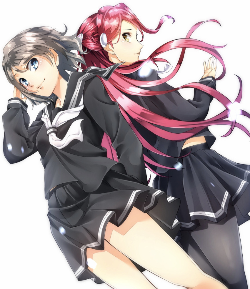 2girls back-to-back black_legwear black_sailor_collar black_serafuku black_shirt black_skirt blue_eyes dutch_angle floating_hair from_below grey_hair hair_ornament hairclip hand_in_hair highres imo_(evekelu-111) long_hair long_sleeves looking_at_viewer looking_back love_live! love_live!_sunshine!! miniskirt multiple_girls pantyhose pleated_skirt redhead sailor_collar sakurauchi_riko school_uniform serafuku shiny shiny_hair shirt simple_background skirt smile standing very_long_hair watanabe_you white_background white_neckwear yellow_eyes