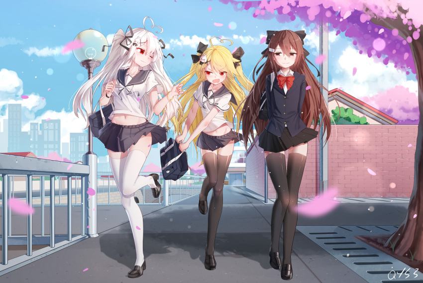 3girls :o ahoge arms_behind_back artist_name bag bai_yemeng bangle bangs black_footwear black_jacket black_legwear black_ribbon black_sailor_collar black_skirt blazer blonde_hair blue_sky blurry blurry_foreground blush bow bowtie bracelet breasts brown_eyes brown_hair building buttons cherry_blossoms cityscape closed_mouth clouds cloudy_sky collarbone collared_shirt commentary_request day depth_of_field duffel_bag flat_chest groin hair_between_eyes hair_ornament hair_ribbon hairclip heart_ahoge holding holding_bag house jacket jewelry lamppost leg_up light_particles loafers long_hair looking_at_another medium_breasts midriff miniskirt multiple_girls navel one_eye_closed open_mouth original outdoors path pleated_skirt red_eyes red_neckwear ribbon road sailor_collar school_bag school_uniform serafuku shadow shirt shoes short_sleeves siblings sidelocks signature sisters skirt sky smile standing stomach thigh-highs tokisaki_asaba tokisaki_mio tree two_side_up undershirt v-shaped_eyebrows very_long_hair walking white_hair white_legwear white_shirt wing_collar wristband x_hair_ornament zettai_ryouiki