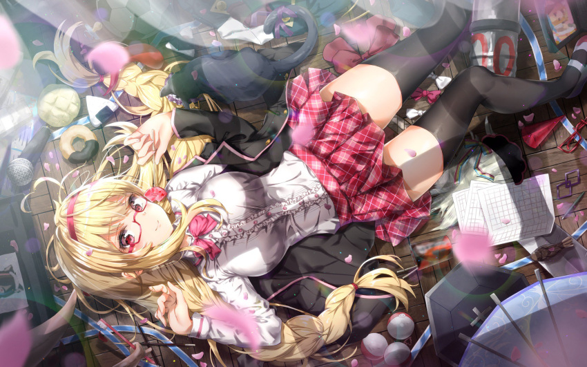 1girl ball bangs black_jacket black_legwear blonde_hair blurry blurry_foreground blush bokeh bow bowtie braid bread breasts cat depth_of_field food frilled_shirt frills glasses hair_ornament_removed hands_up highres holding holding_food indoors jacket kuria_(clear_trip_second) light_particles long_hair long_sleeves looking_at_viewer lying melon_bread microphone moroboshi_meroko moroboshi_meroko_(character) off_shoulder on_back onigiri open_clothes open_jacket paper petals pink_neckwear poke_ball red-framed_eyewear red_eyes red_skirt semi-rimless_eyewear shirt sidelocks skirt slippers soccer_ball solo tablet_pc thigh-highs toothbrush twin_braids umbrella under-rim_eyewear very_long_hair virtual_youtuber white_shirt