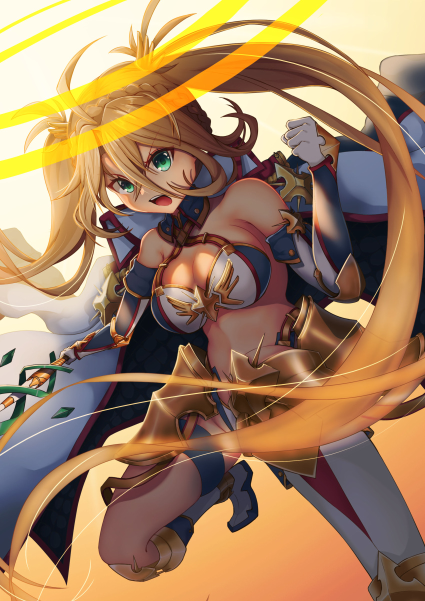 1girl absurdres armor bikini bikini_top blonde_hair boots bradamante_(fate/grand_order) braid breasts cleavage clenched_hand crown_braid elbow_gloves eyebrows_visible_through_hair fate/grand_order fate_(series) faulds french_braid gloves gradient gradient_background green_eyes hair_between_eyes highleg highleg_leotard highres holding holding_weapon knee_boots lance large_breasts leotard long_hair looking_at_viewer open_mouth orange_background polearm pose solo swimsuit thigh_strap thighs tunaragipv731 twintails two-tone_bikini very_long_hair weapon white_background